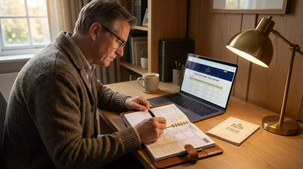 Royal Ascot racecourse with crowd during betting activity