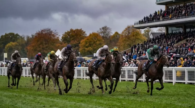 British Champions Day racing at Ascot in October autumn conditions