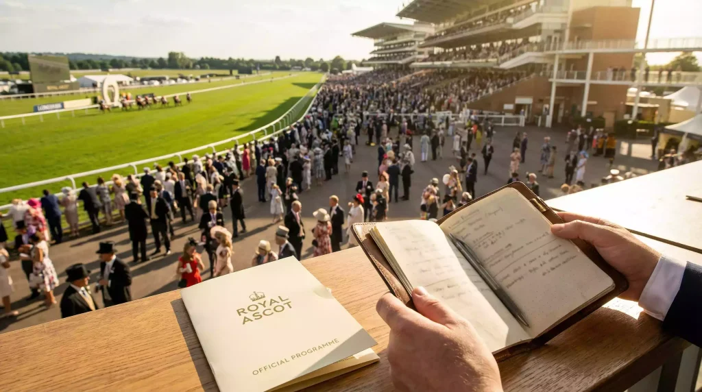 Royal Ascot racecourse with betting activity and crowd
