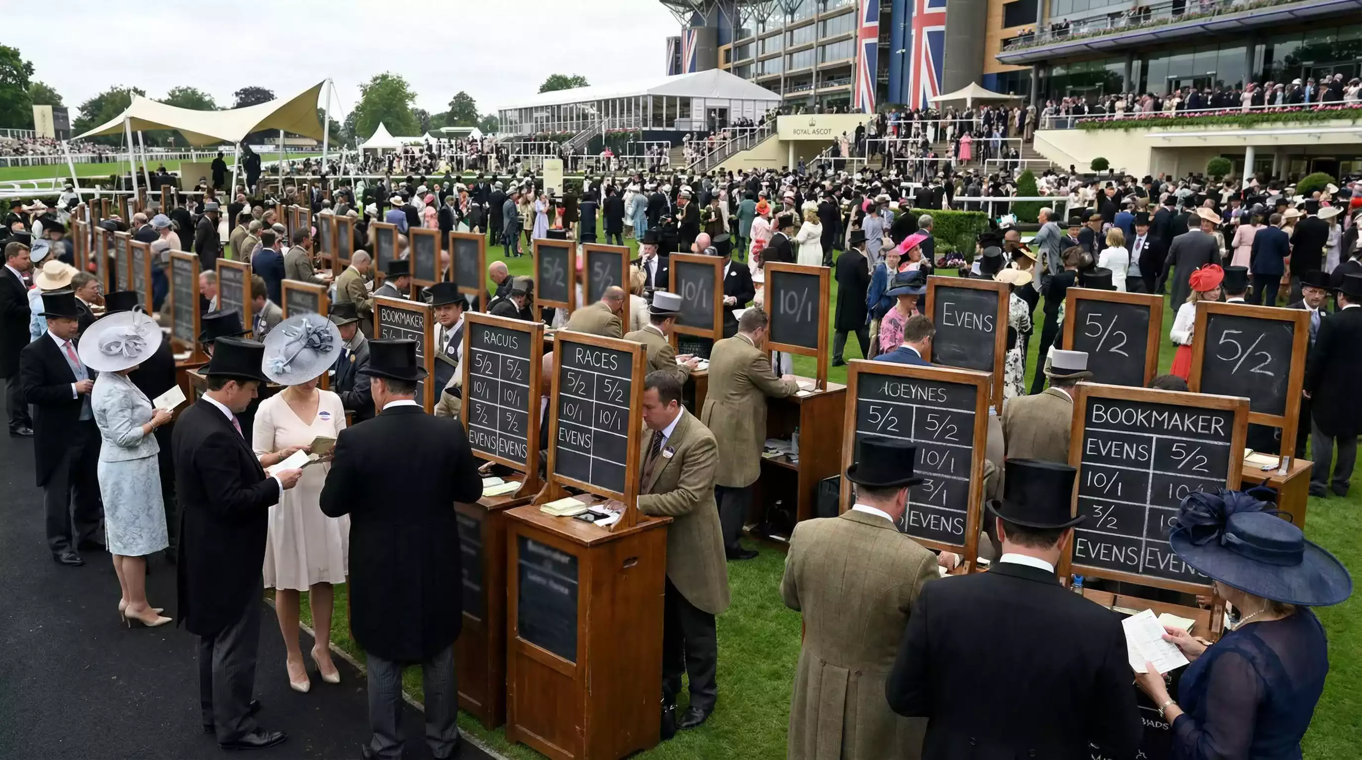 Bookmaker odds boards on display at Royal Ascot betting ring