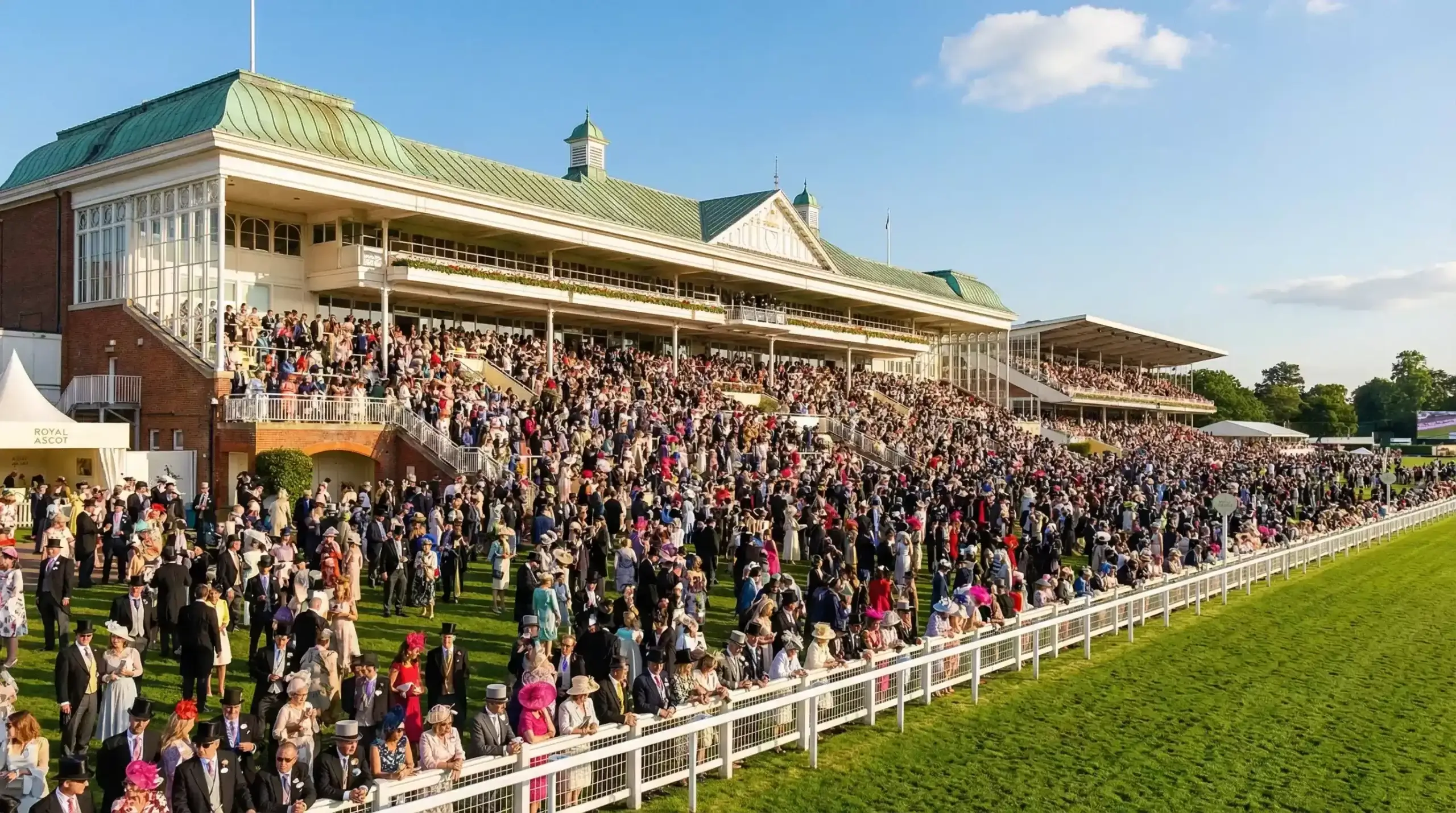 Royal Ascot grandstand filled with spectators on a sunny race day
