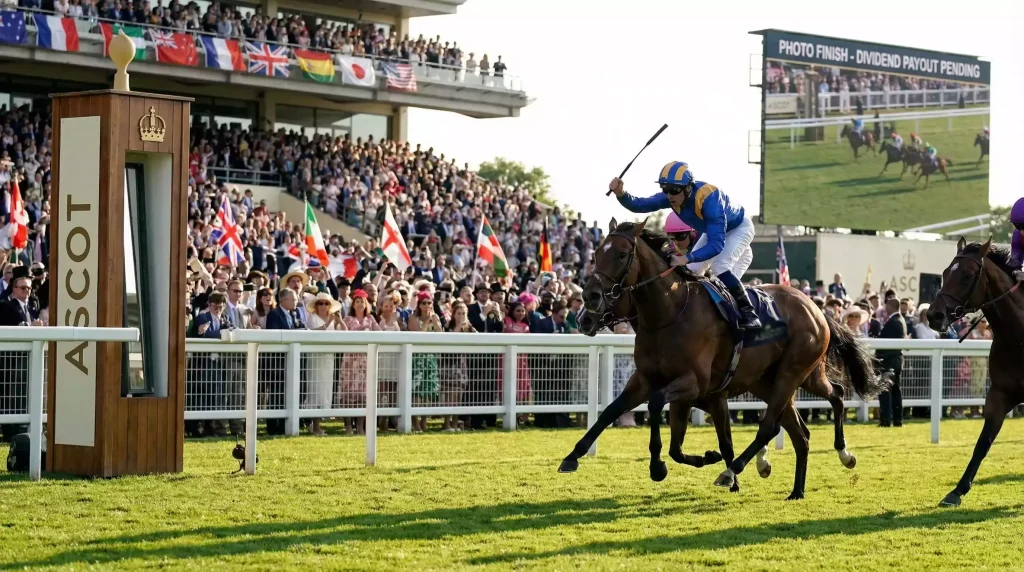 Royal Ascot race finish with World Pool branding visible